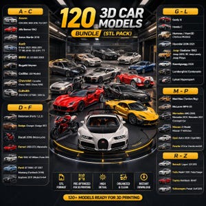 Puede incluir: Imagen que muestra un paquete de 120 modelos de coches 3D en formato STL, listos para la impresión 3D. La imagen presenta varios modelos de coches, incluyendo Audi, BMW, Ferrari, etc. También incluye el texto "Descarga instantánea".