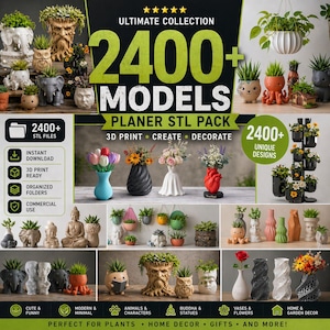 Puede incluir: Anuncio de una colección de más de 2400 modelos de macetas. La imagen presenta varias macetas con diferentes formas, incluyendo figuras de animales, caras y jarrones. El texto destaca la impresión 3D y la disponibilidad de archivos STL.