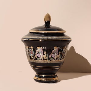 Vintage Greek Ceramic Lidded Vase with Mythological Design, Black and Gold Ceramic Container