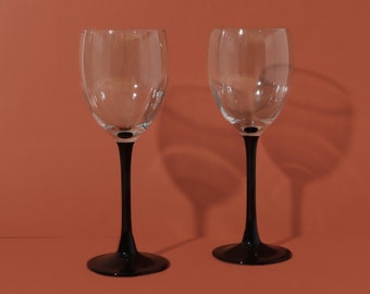 Vintage Black Stem Wine Glasses, Vintage Drinking Glasses