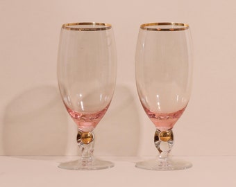 Pink Glasses, Art Deco Glasses,  Pink Crystal Glasses with Gold Rim, Set of Two Glasses