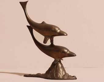 Vintage Brass Dolphin Figurine, Brass Animal, Swimming Brass Dolphin Sculpture