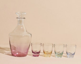 Vintage Glass Decanter Set, Vintage Rainbow Decanter, Rainbow Shot Glasses, Ombre Glass