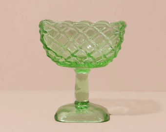 L.E. Smith Glass Trellis Pedestal Basket Dessert Cup, Vintage Glassware, Green Glassware