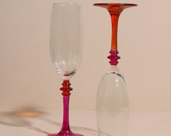 Vintage Champagne Flutes with Colored Stems, Vintage Stemware, Set 2 Cristalleria Fumo Champagne Flutes