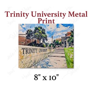 May include: Metal print of Trinity University, featuring a watercolor-style illustration of the campus with the university name prominently displayed. The print measures 8" x 10". The artwork captures the architecture, trees, and sky.