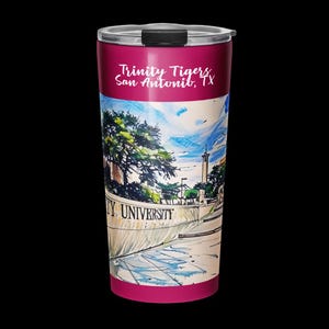 May include: A maroon and silver travel tumbler featuring the text "Trinity Tigers San Antonio, TX." The tumbler has a watercolor illustration of a university campus with trees, buildings, and a blue sky.
