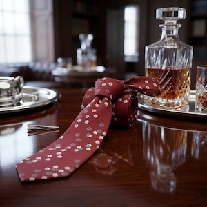 May include: A rolled burgundy tie with a paw print pattern, alongside a silver tie clip, sits on a polished wooden surface. A crystal decanter and glasses with amber liquid are in the background, suggesting a sophisticated setting.