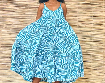 Vestido midi con estampado de cera africana, tejido Woodin de cebra azul hecho a mano y único