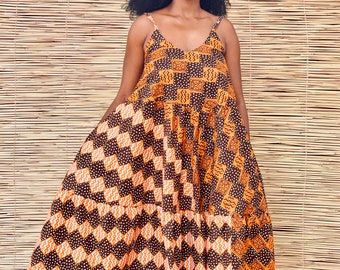 African wax print midi dress, handmade, unique bogolan style Woodin fabric