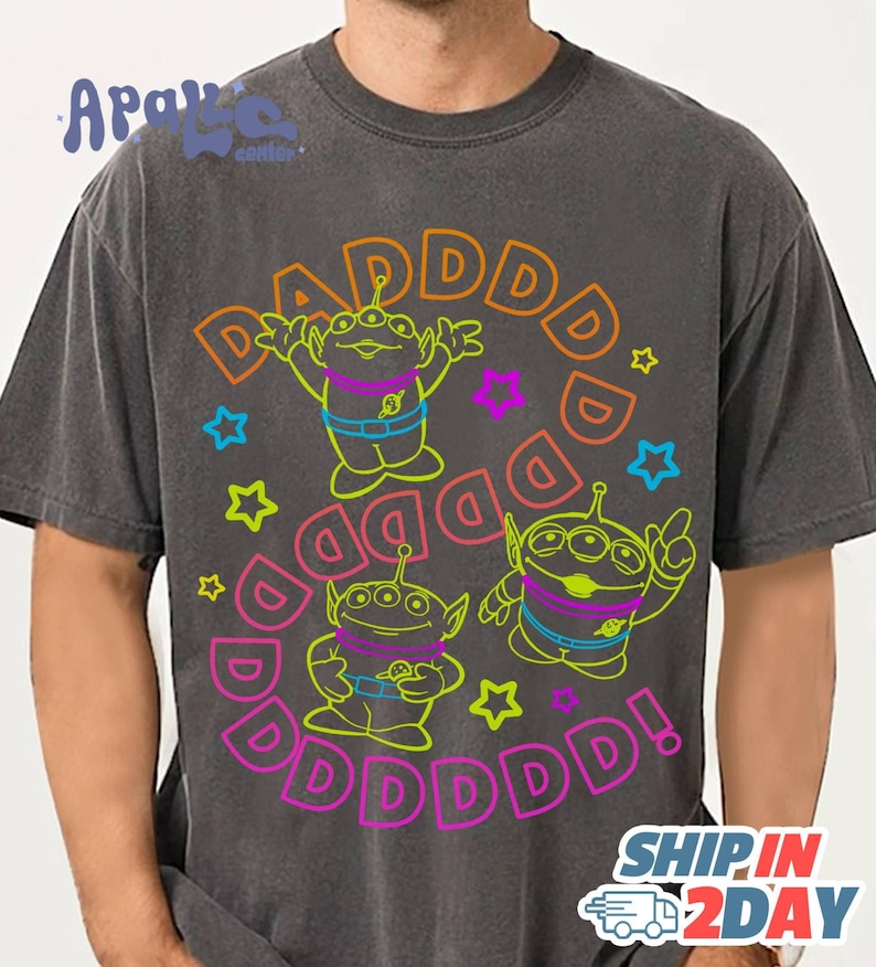 Retro Pixar Toy Story Alien Mom Dad Neon T-shirt, Mommy Daddy Matching Tee, Father's Day Shirt, Father's Day Gift, WDW Family 2026 Trip image 3