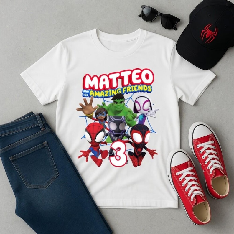 Personalized Superhero Birthday Shirt, Spidey And His Amazing Friends Family Matching Tee image 1