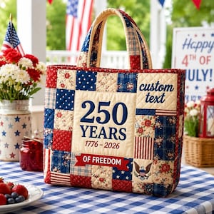 Patriotic Patchwork Quilted Tote Bag, Vintage Americana Handbag, American Flag Floral Print Shoulder Bag, USA Farmhouse Tote