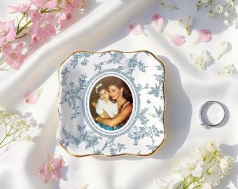 Personalized Mother’s Day Photo Ring Dish, Mother Of The Bride Gift, Toile De Jouy Wedding Keepsake Tray