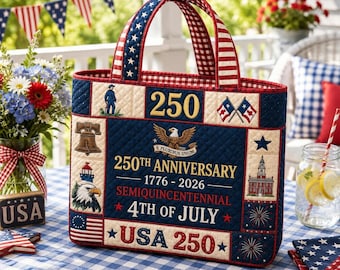 Quilted Patchwork Printed Tote Bag, Patriotic American Flag Shoulder Bag, USA Tote, 1776 Bag, America 250 Years