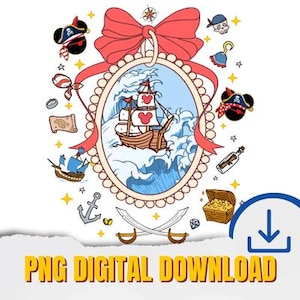 Könnte beinhalten: Eine digitale Illustration mit Piraten-Thema. Das zentrale Bild ist ein ovaler Rahmen mit einem Schiff, das auf Wellen segelt. Um den Rahmen herum befinden sich Piraten-Elemente wie eine Schatzkiste, gekreuzte Schwerter und ein Piratenhut. Der Text "PNG DIGITAL DOWNLOAD" befindet sich unten.