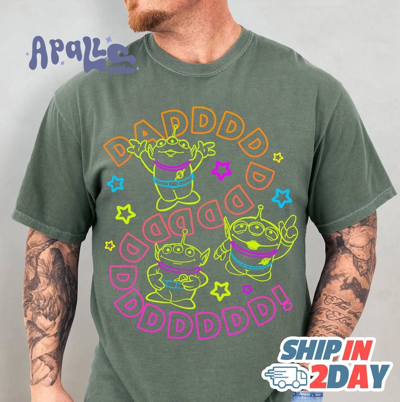Retro Pixar Toy Story Alien Mom Dad Neon T-shirt, Mommy Daddy Matching Tee, Father's Day Shirt, Father's Day Gift, WDW Family 2026 Trip image 2