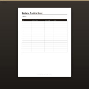 Hoja de seguimiento de vestuario, inventario de vestuario para regidores de escena imprimible, registro de vestuario teatral, descarga digital instantánea.