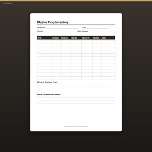 Lista maestra de inventario de utilería, plantilla imprimible para director de escena, lista de verificación para producción teatral, descarga digital instantánea.