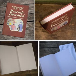 May include: A red hardcover book with the title "Handbook for the Recently Deceased" in white lettering. The cover features a cartoon illustration of a couple walking in a landscape with clouds.
