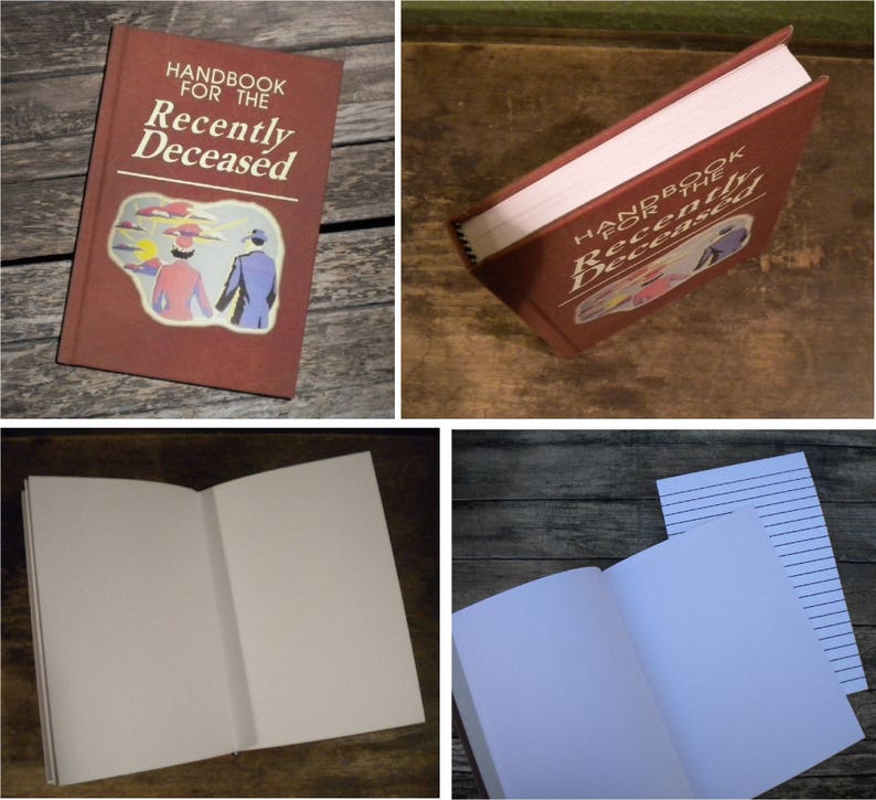May include: A red hardcover book with the title "Handbook for the Recently Deceased" in white lettering. The cover features a cartoon illustration of a couple walking in a landscape with clouds.
