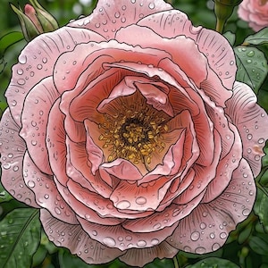 Puede incluir: Primer plano de una rosa rosa en plena floración, cubierta de gotas de agua. La rosa tiene múltiples capas de pétalos y un centro amarillo. Hojas verdes y capullos de rosa rodean la flor, creando una escena de jardín natural.