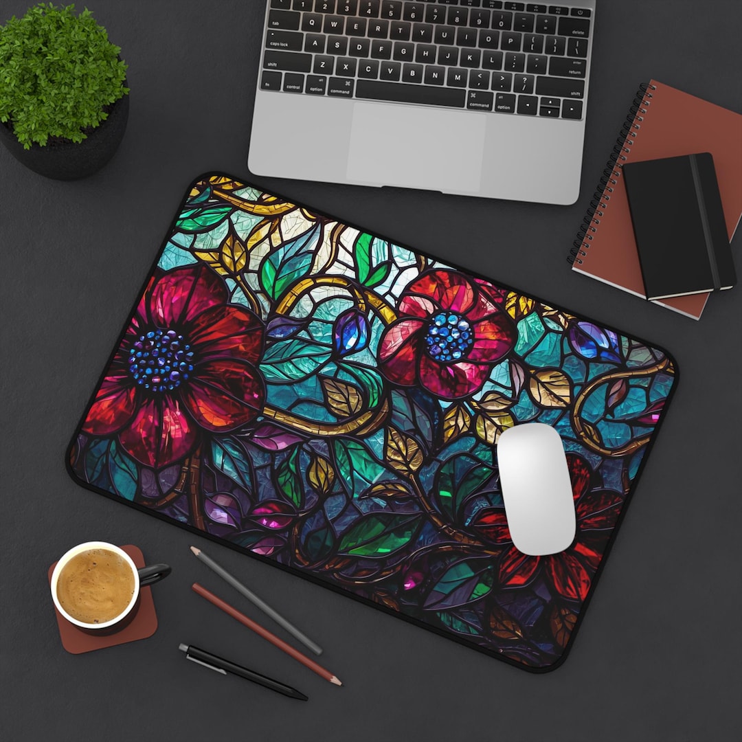 Stained Mat Stained Glass Floral Desk Mat | Vibrant Red Flowers, Decorative Mouse ...