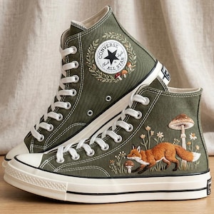 Fox Mushroom Embroidered Converse Shoes, Woodland Forestcore Sneakers, Custom Nature Inspired Footwear Women