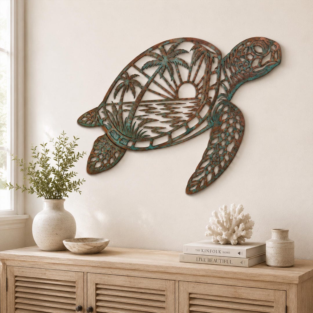Sea Turtle Metal Wall Art, Tropical Beach Scene, Rustic Patina Ocean