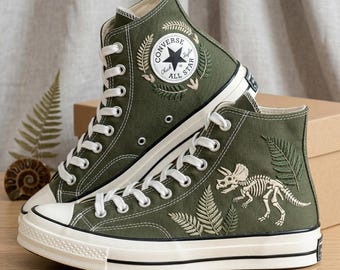 Dinosaur Skeleton Custom Converse High Top Sneakers, Embroidered Canvas Shoes Personalized Design Handcrafted Detail