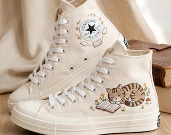 Cat Book Custom Converse High Top Sneakers, Embroidered Canvas Shoes Personalized Design Style