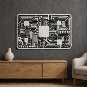May include: A rectangular white wall art piece featuring a complex, laser-cut circuit board pattern. The design includes a large central square, four smaller squares at the corners, and intricate interconnected lines resembling electronic pathways.