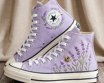 Bee Lavender Custom Converse High Top Sneakers, Embroidered Floral Canvas Shoes Personalized Design Detail