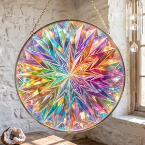 Kaleidoscope Stained Glass Suncatcher, Sacred Geometry Window Hanging, Holographic Sunroom Decor, Rainbow Maker Meditation Gift For Her