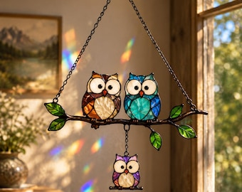 Owl Family Suncatcher, Window Hanging Decor, Rainbow Maker Baby Shower Gift, New Parents Housewarming, Cute Woodland Nursery Decoration