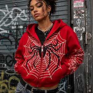 Y2K Cyber Sigilism Rhinestone Zip Up Hoodie | Vintage Graphic Grunge Sweatshirt | Urban Alt Goth Oversized Jacket | Unisex Baggy Clothing