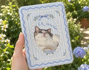 Custom Cat Portrait Kindle Cover, Blue Bow Floral Reader Case, Personalized Pet Lover Gift