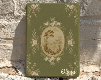 Romantic Retro Green Floral Kindle Case, Magnetic Back Auto Wake Sleep, Kindle Paperwhite 11th 12th, Cozy Reading Gift