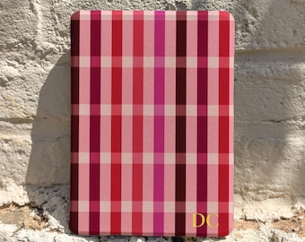 Personalized Pink Plaid Kindle Case, Red Checkered E-Reader Cover with Gold Initials, Custom Gift for Book Lovers