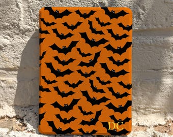 Personalized Halloween Bat Kindle Case, Orange Black Auto Wake Sleep E-Reader Cover with Custom Initials