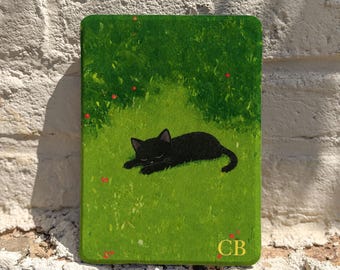 Personalized Black Cat Kindle Case with Magnetic Back, Green Meadow eReader Cover, Cute Cat Lover Gift, Kindle 11th 12th Gen