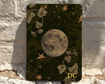 Personalized Moon and Stars Kindle Case, Dark Green Celestial E-Reader Cover with Gold Initials, Gift for Book Lovers