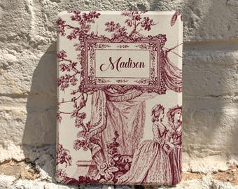 Kindle Paperwhite Toile de Jouy Case, Personalized Sage Burgundy Magnetic Cover