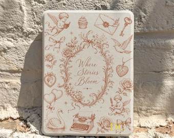 Retro Coquette Kindle Cover, Romantic Cherub Floral E-Reader Case, Personalized Reader Gift