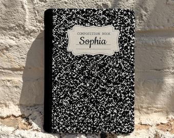 Personalized Composition Book Kindle Case, Black and White Retro E-Reader Cover, Custom Name Gift for Book Lovers