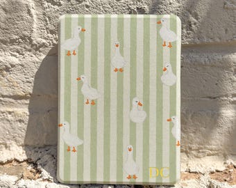 Green Stripe Duck Kindle Cover, Personalized Initial E-Reader Case, Cute Book Lover Gift