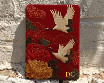 Crane Floral Kindle Paperwhite Case, Red Asian Art Cover, Personalized Initials, Auto Wake Sleep, Elegant Reader Gift