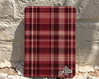Burgundy Plaid Kindle Case, Personalized Name Cover with Auto Wake/Sleep, Retro Tartan Folio for Kindle Paperwhite 11th 12th Gen