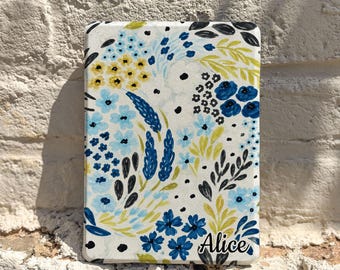 Retro Blue Floral Kindle Case, Personalized Wildflower E-Reader Cover, Book Lover Gift