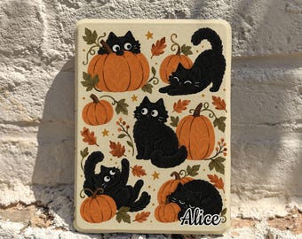 Halloween Black Cat Kindle Cover, Personalized Pumpkin E-Reader Case, Cozy Fall Book Lover Gift